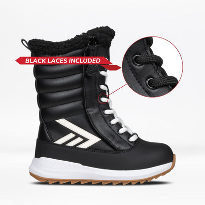 Black winter boot with white laces and sole, featuring a close-up of black laces included text.